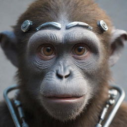 A close-up view of a monkey character's face, intricately designed with visible steel machinery elements.