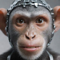 A close-up view of a monkey character's face, intricately designed with visible steel machinery elements.