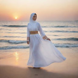 A graceful, white Muslim woman in traditional clothing, taking a peaceful stroll on the edge of a serene sea during sunset.