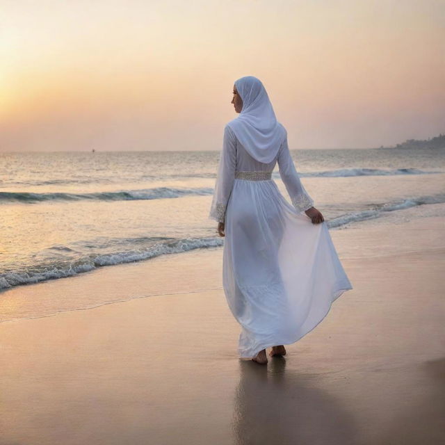 A graceful, white Muslim woman in traditional clothing, taking a peaceful stroll on the edge of a serene sea during sunset.