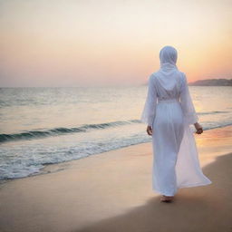 A graceful, white Muslim woman in traditional clothing, taking a peaceful stroll on the edge of a serene sea during sunset.