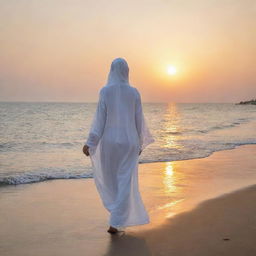 A graceful, white Muslim woman in traditional clothing, taking a peaceful stroll on the edge of a serene sea during sunset.