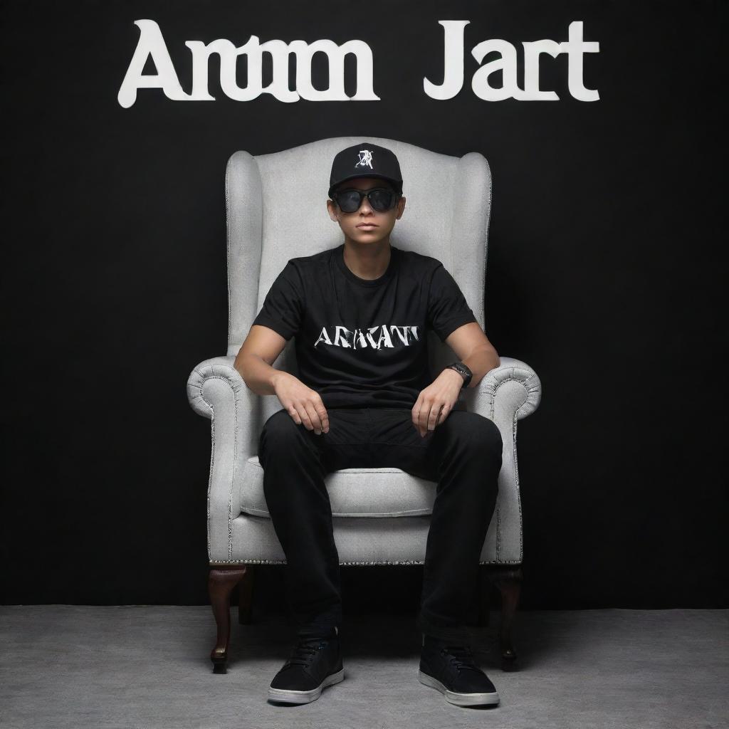 3D illusion of a boy in black shirt and sneakers, sitting casually on a wingback chair wearing a black cricket cap and sunglasses. He is facing forward, against a background featuring the text 'ARYAN JATT' in large white font on a black wall, without shadows.