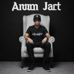 3D illusion of a boy in black shirt and sneakers, sitting casually on a wingback chair wearing a black cricket cap and sunglasses. He is facing forward, against a background featuring the text 'ARYAN JATT' in large white font on a black wall, without shadows.