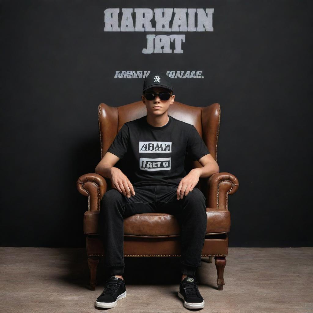 3D illusion of a boy in black shirt and sneakers, sitting casually on a wingback chair wearing a black cricket cap and sunglasses. He is facing forward, against a background featuring the text 'ARYAN JATT' in large white font on a black wall, without shadows.