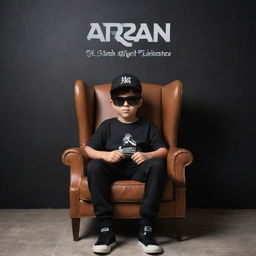 3D illusion of a boy in black shirt and sneakers, sitting casually on a wingback chair wearing a black cricket cap and sunglasses. He is facing forward, against a background featuring the text 'ARYAN JATT' in large white font on a black wall, without shadows.