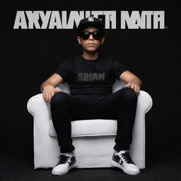 3D illusion of a boy in black shirt and sneakers, sitting casually on a wingback chair wearing a black cricket cap and sunglasses. He is facing forward, against a background featuring the text 'ARYAN JATT' in large white font on a black wall, without shadows.