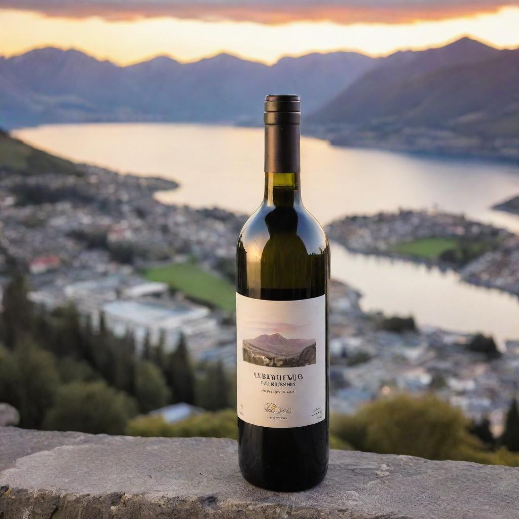 A high-quality, detailed wine bottle set against the backdrop of Queenstown, New Zealand during a beautiful sunset.