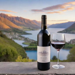 A high-quality, detailed wine bottle set against the backdrop of Queenstown, New Zealand during a beautiful sunset.