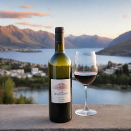 A high-quality, detailed wine bottle set against the backdrop of Queenstown, New Zealand during a beautiful sunset.