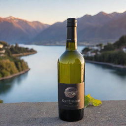 A high-quality, detailed wine bottle set against the backdrop of Queenstown, New Zealand during a beautiful sunset.