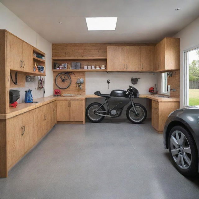 Interior design of a detail-oriented small garage with modern amenities and efficient use of space