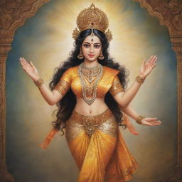 An artistic interpretation of 'Vaishnavi', incarnation of Hindu deity Vishnu. She is depicted as a serene and divine figure in traditional attire.