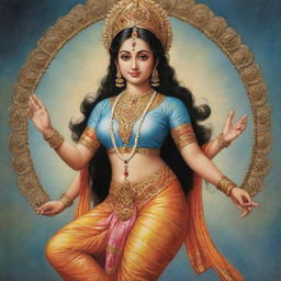 An artistic interpretation of 'Vaishnavi', incarnation of Hindu deity Vishnu. She is depicted as a serene and divine figure in traditional attire.