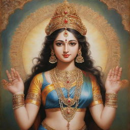 An artistic interpretation of 'Vaishnavi', incarnation of Hindu deity Vishnu. She is depicted as a serene and divine figure in traditional attire.