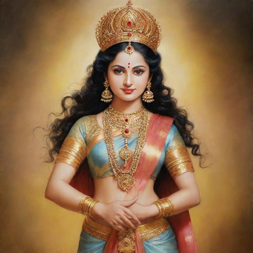 An artistic interpretation of 'Vaishnavi', incarnation of Hindu deity Vishnu. She is depicted as a serene and divine figure in traditional attire.