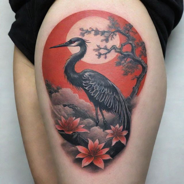 Create a Japanese-inspired leg tattoo. Central design is a crane, with a ramen bowl to the right. Maintain color palette of black and red. Include a Japanese phrase symbolic of nature, in red.