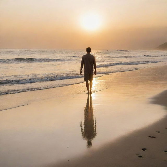 A serene individual standing on a sandy beach, coffee in hand, the golden sunset reflecting off the rippling waves behind them.