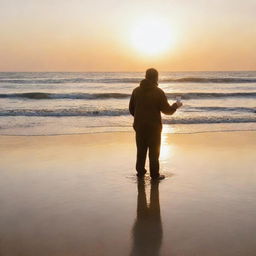 A serene individual standing on a sandy beach, coffee in hand, the golden sunset reflecting off the rippling waves behind them.