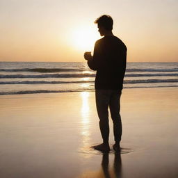 A serene individual standing on a sandy beach, coffee in hand, the golden sunset reflecting off the rippling waves behind them.