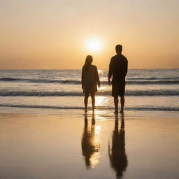 A serene individual standing on a sandy beach, coffee in hand, the golden sunset reflecting off the rippling waves behind them.