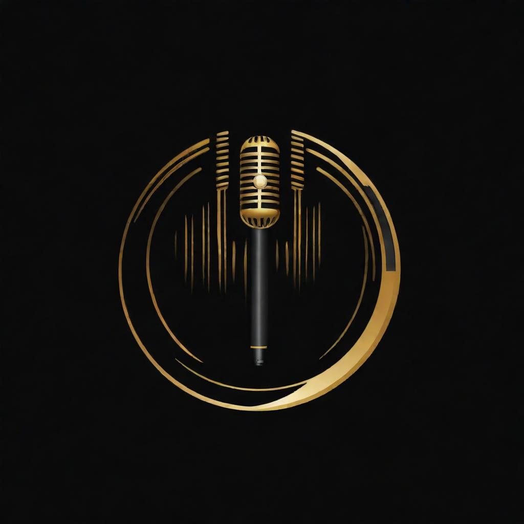 An innovative and striking black and gold logo, combining elements of sound waves, microphones, and artistic typography, to represent a voice over business