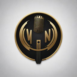 An innovative and striking black and gold logo, combining elements of sound waves, microphones, and artistic typography, to represent a voice over business