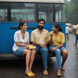 An Indian man with a beard, dressed in a half-sleeve shirt, blue jeans and yellow sandals and a North Eastern Indian woman with short hair in a short black one-piece, eating roasted corn, both waiting for a bus in the rain next to a tin bus-stand supported by 4 poles.