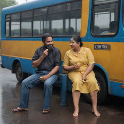 An Indian man with a beard, dressed in a half-sleeve shirt, blue jeans and yellow sandals and a North Eastern Indian woman with short hair in a short black one-piece, eating roasted corn, both waiting for a bus in the rain next to a tin bus-stand supported by 4 poles.