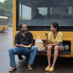 An Indian man with a beard, dressed in a half-sleeve shirt, blue jeans and yellow sandals and a North Eastern Indian woman with short hair in a short black one-piece, eating roasted corn, both waiting for a bus in the rain next to a tin bus-stand supported by 4 poles.