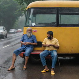 An Indian man with a beard, dressed in a half-sleeve shirt, blue jeans and yellow sandals and a North Eastern Indian woman with short hair in a short black one-piece, eating roasted corn, both waiting for a bus in the rain next to a tin bus-stand supported by 4 poles.