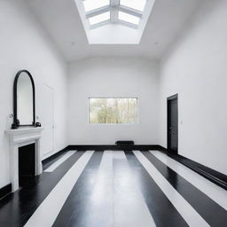 A professional detailing studio with stark white walls, a contrasting black roof and a glossy black floor