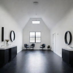 A professional detailing studio with stark white walls, a contrasting black roof and a glossy black floor