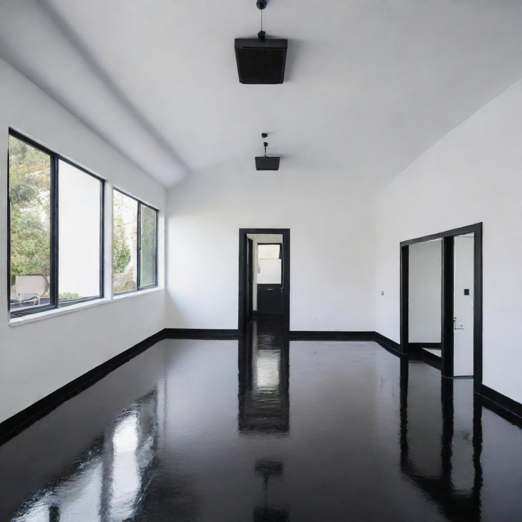 A professional detailing studio with stark white walls, a contrasting black roof and a glossy black floor