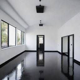 A professional detailing studio with stark white walls, a contrasting black roof and a glossy black floor