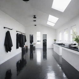 A professional detailing studio with stark white walls, a contrasting black roof and a glossy black floor