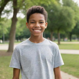 A 12-year-old boy with a friendly smile, wearing casual clothes while playing in a park on a sunny day.