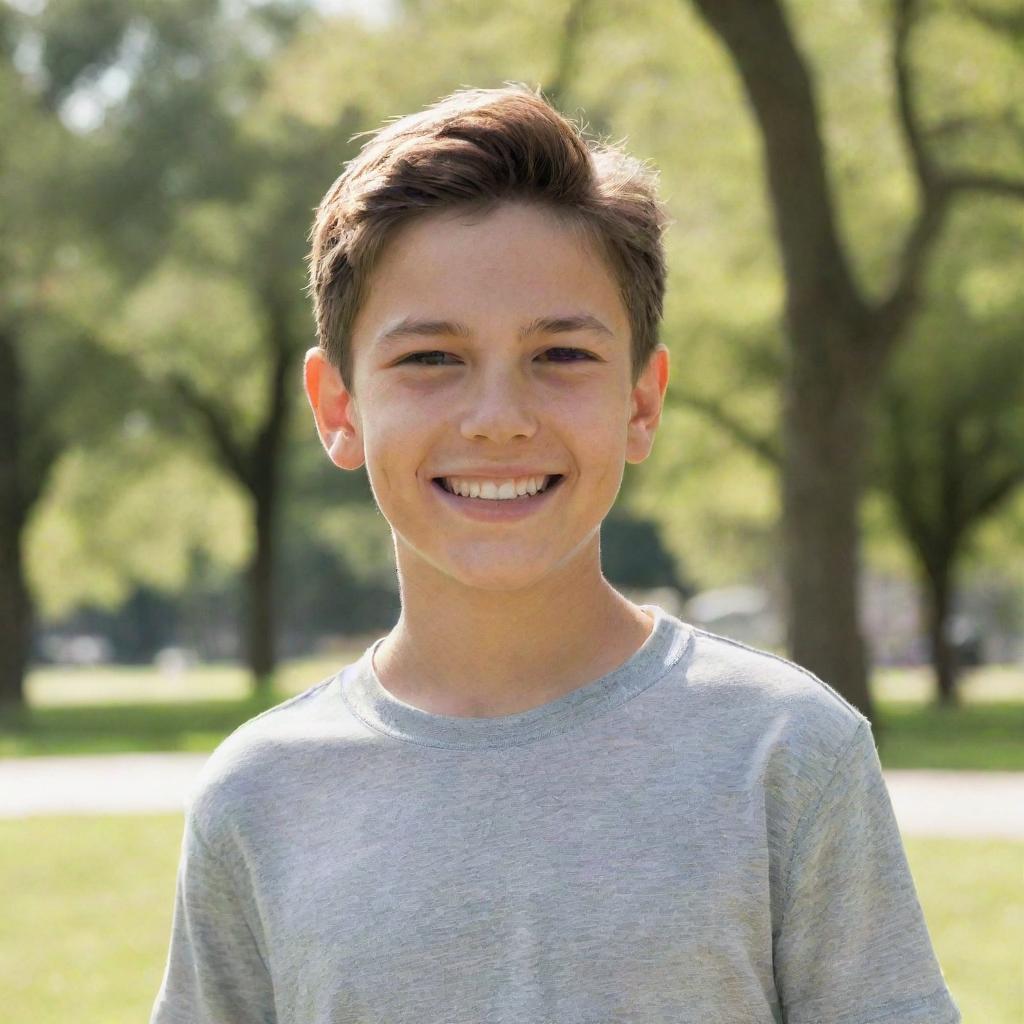 A 12-year-old boy with a friendly smile, wearing casual clothes while playing in a park on a sunny day.