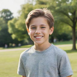 A 12-year-old boy with a friendly smile, wearing casual clothes while playing in a park on a sunny day.