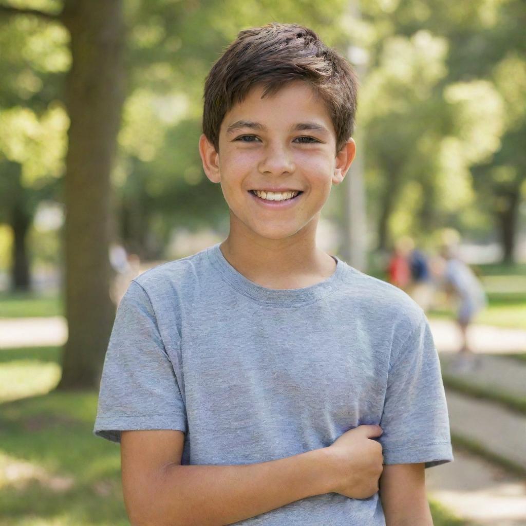 A 12-year-old boy with a friendly smile, wearing casual clothes while playing in a park on a sunny day.