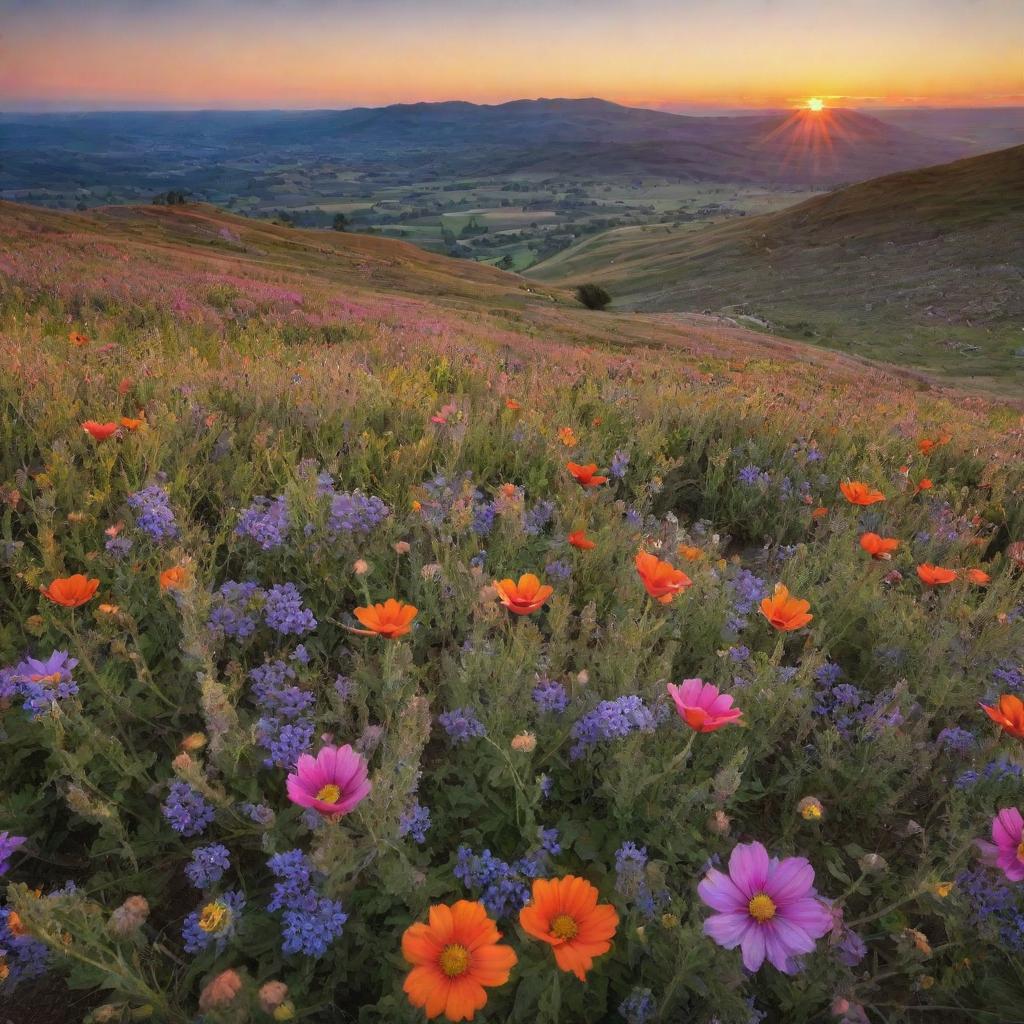 A stunning display of natural beauty during sunset, with vibrant wildflowers blooming amid a panoramic landscape