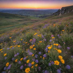 A stunning display of natural beauty during sunset, with vibrant wildflowers blooming amid a panoramic landscape