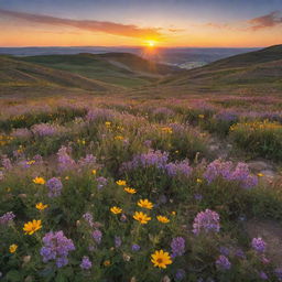 A stunning display of natural beauty during sunset, with vibrant wildflowers blooming amid a panoramic landscape