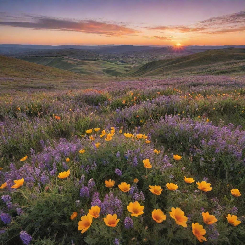 A stunning display of natural beauty during sunset, with vibrant wildflowers blooming amid a panoramic landscape