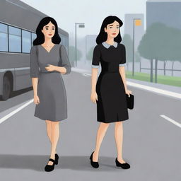 Cartoon illustration of a girl wearing a black dress, and a boy in a grey shirt with half sleeves, waiting at a bus stand.