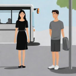 Cartoon illustration of a girl wearing a black dress, and a boy in a grey shirt with half sleeves, waiting at a bus stand.