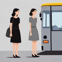 Cartoon illustration of a girl wearing a black dress, and a boy in a grey shirt with half sleeves, waiting at a bus stand.