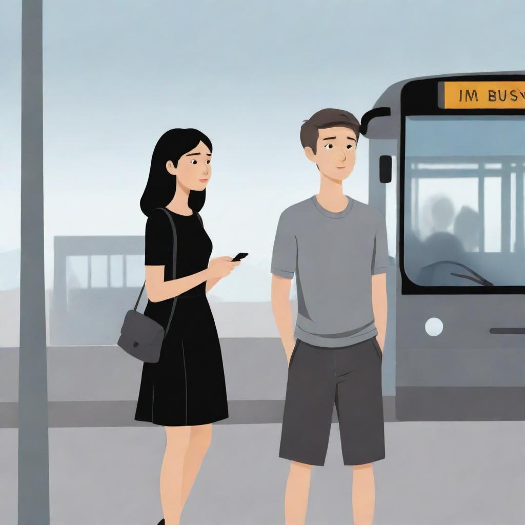 Cartoon illustration of a girl wearing a black dress, and a boy in a grey shirt with half sleeves, waiting at a bus stand.