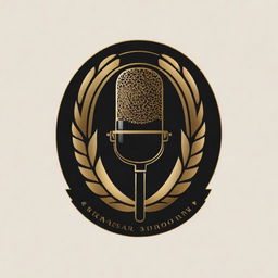 A creatively striking black and gold logo that combines elements of a microphone, a book, and artistic typography to symbolize a voice over and book reading business