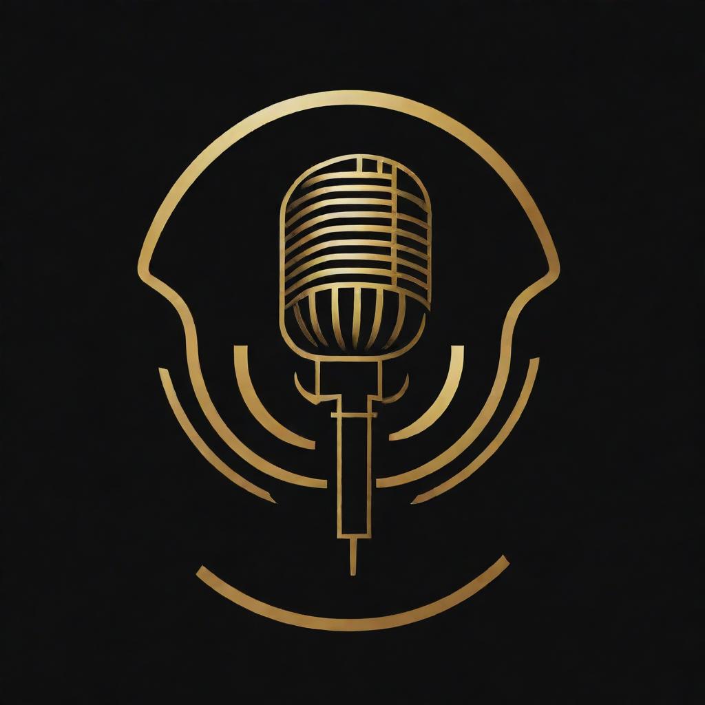 A creatively striking black and gold logo that combines elements of a microphone, a book, and artistic typography to symbolize a voice over and book reading business